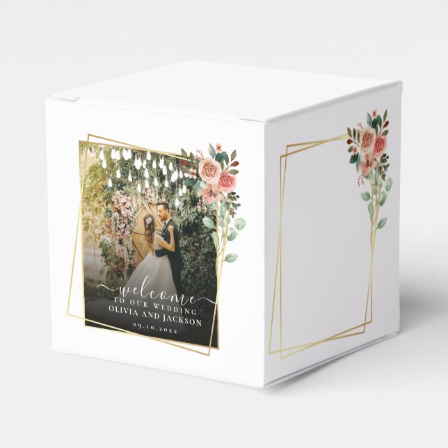 Elegant Script Black and White Wedding Welcome  Favor Boxes (Front Side)