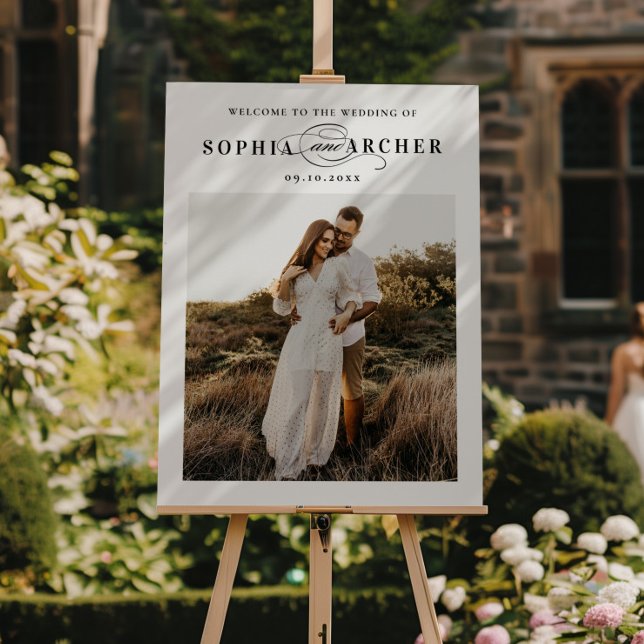 Elegant Script Black and White Wedding Welcome Foam Board (Elegant Script Black and White Wedding Photo Welcome Sign.)