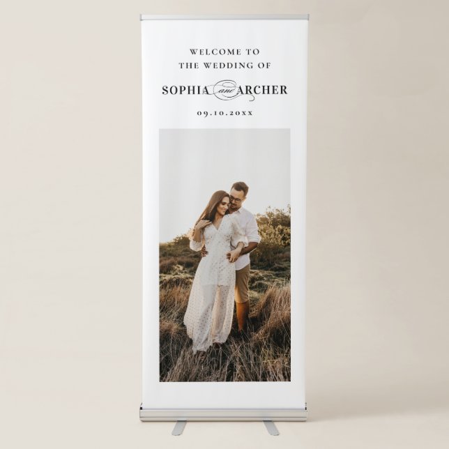 Elegant Script Black and White Wedding Welcome Retractable Banner (Front)
