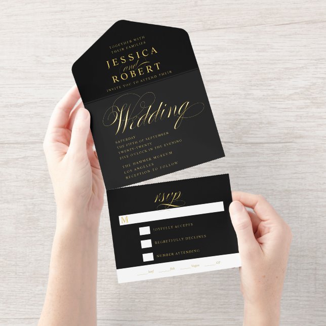Elegant Script Black Calligraphy Wedding Foil All In One Invitation (Tearaway)