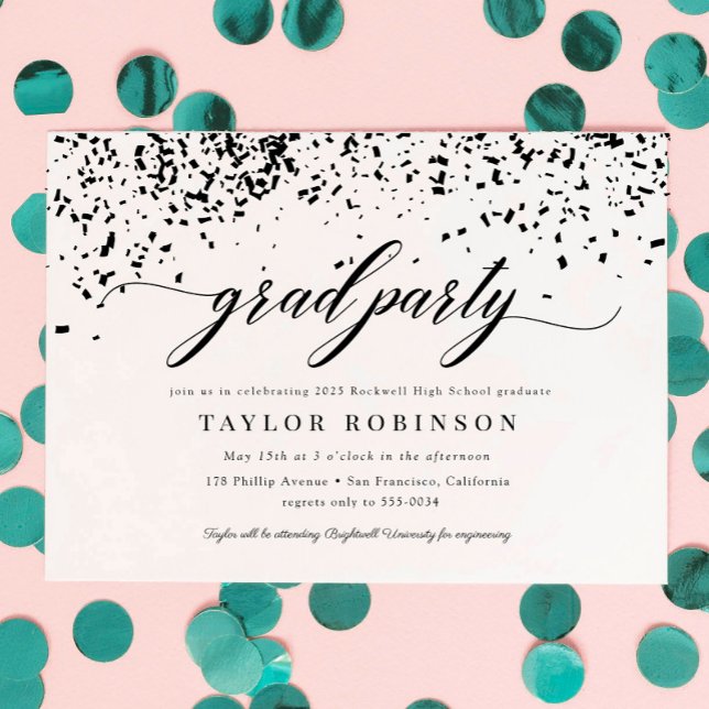 Elegant Script Black Confetti Graduation Party Invitation (Creator Uploaded)