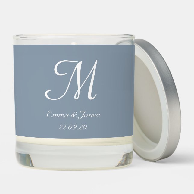 Elegant Script Black Dusty Blue Monogram Wedding  Scented Candle (Lid)
