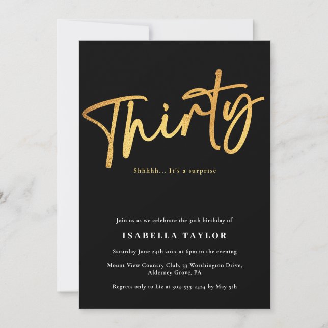 Elegant Script Black Gold 30th Birthday Invitation (Front)