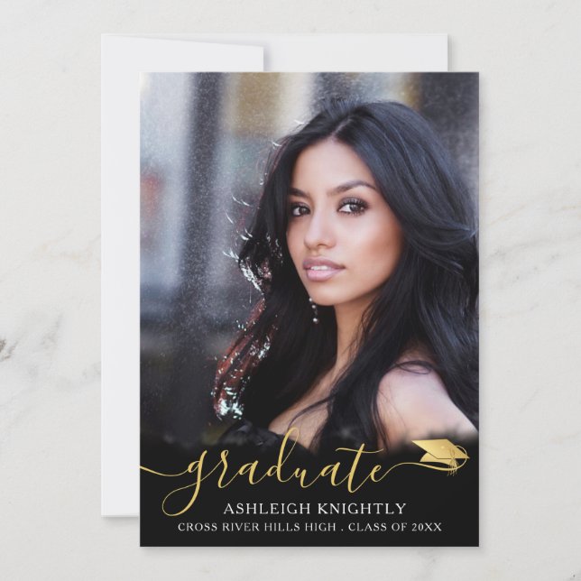 Elegant Script Black Gold 4 Photo Graduation Announcement (Front)