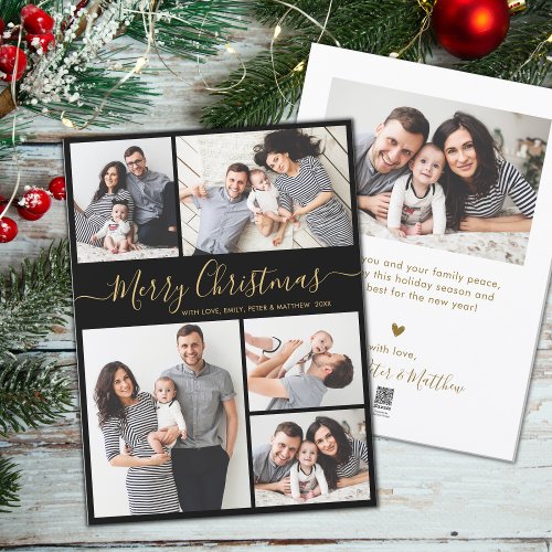 Elegant Script Black Gold 5 Photo Christmas  Holiday Card