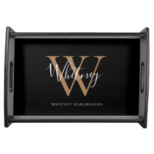 Elegant Script Black Gold Chic Monogram Serving Tray