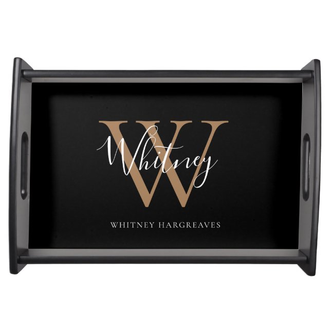 Elegant Script Black Gold Chic Monogram   Serving Tray (Front)