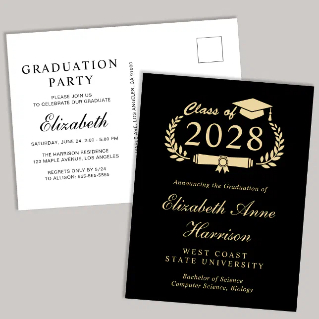 Elegant Script Black Gold College Graduation Party Invitation Postcard 