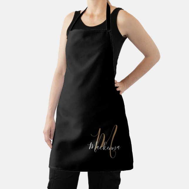 Elegant Script Black Gold Girly Monogram Kitchen Apron (Insitu)
