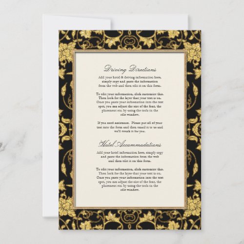 Elegant Script Black Gold Glitter Damask Wedding Invitation