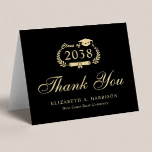 Elegant Script Black Gold Graduation Letterpress Thank You Card
