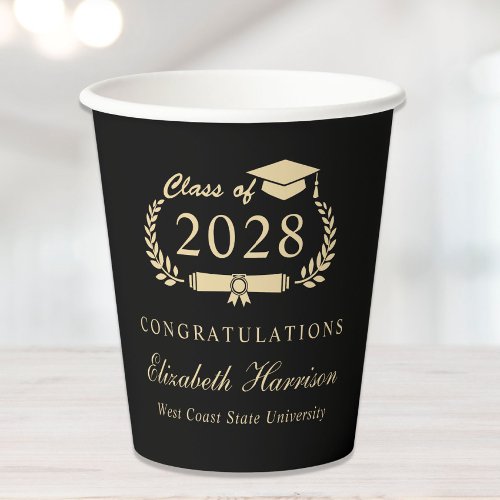 Elegant Script Black Gold Graduation Party Paper Cups