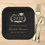 Elegant Script Black Gold Graduation Party Paper Plates<br><div class="desc">Elegant black and gold graduation party paper plates featuring "Class of" in an illustration of laurel wreath incorporating a grad cap and diploma,  the graduate's name in a formal script,  and "Congratulations" and their school name in modern classic typography.</div>