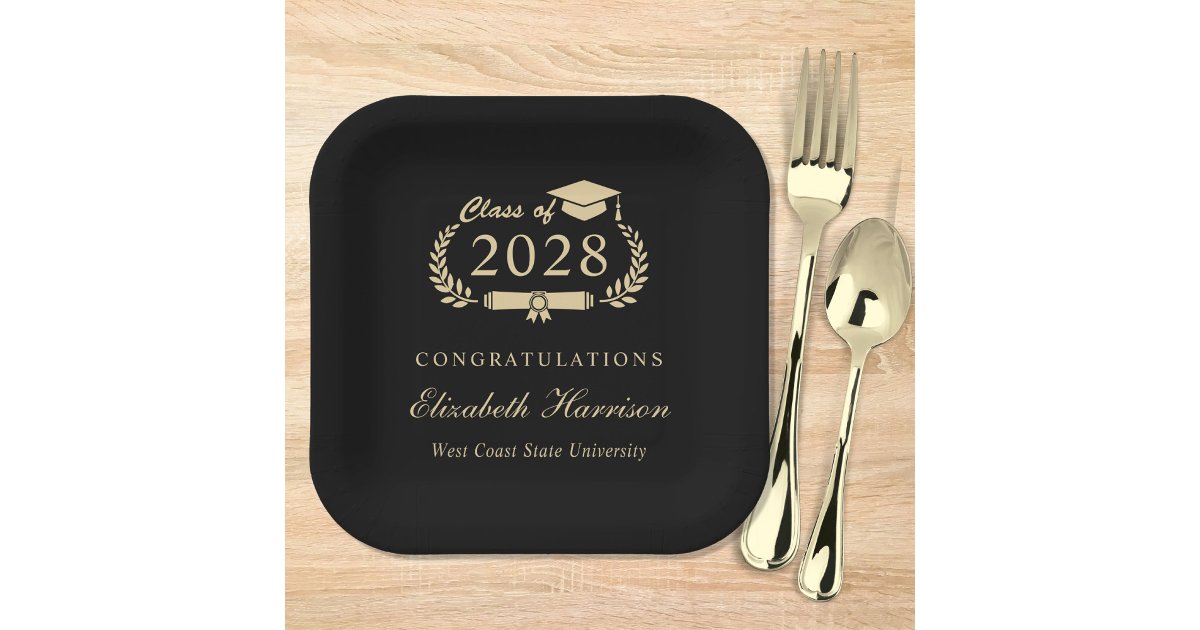 Elegant Script Black Gold Graduation Party Paper Plates | Zazzle