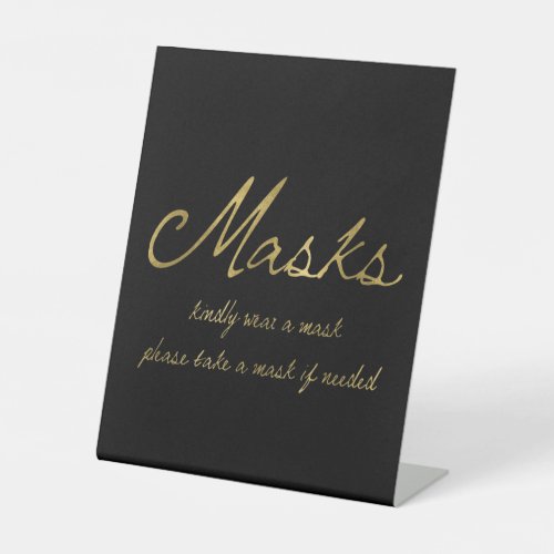 Elegant Script Black Gold Mask Wedding Pedestal Sign