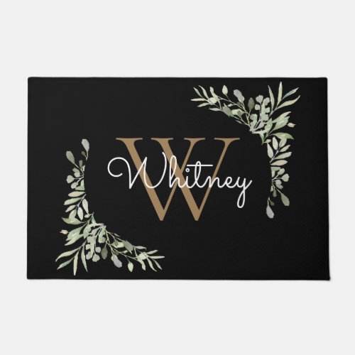 Elegant Script Black Gold Monogram Greenery Doormat