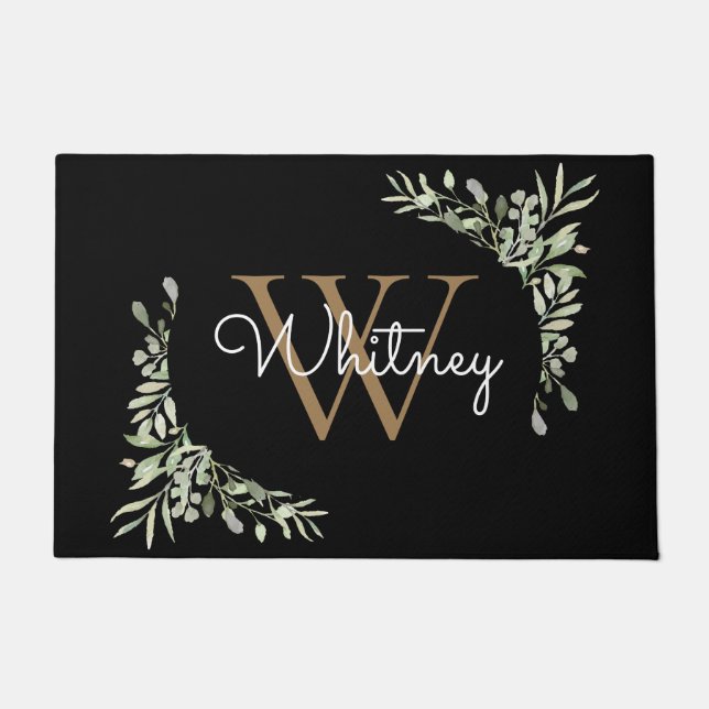 Elegant Script Black Gold Monogram Greenery Doormat (Front)
