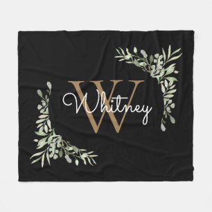 Elegant Script Black Gold Monogram Greenery Fleece Blanket