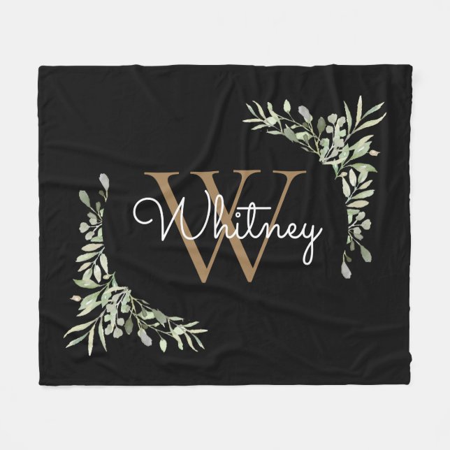 Elegant Script Black Gold Monogram Greenery Fleece Blanket (Front (Horizontal))