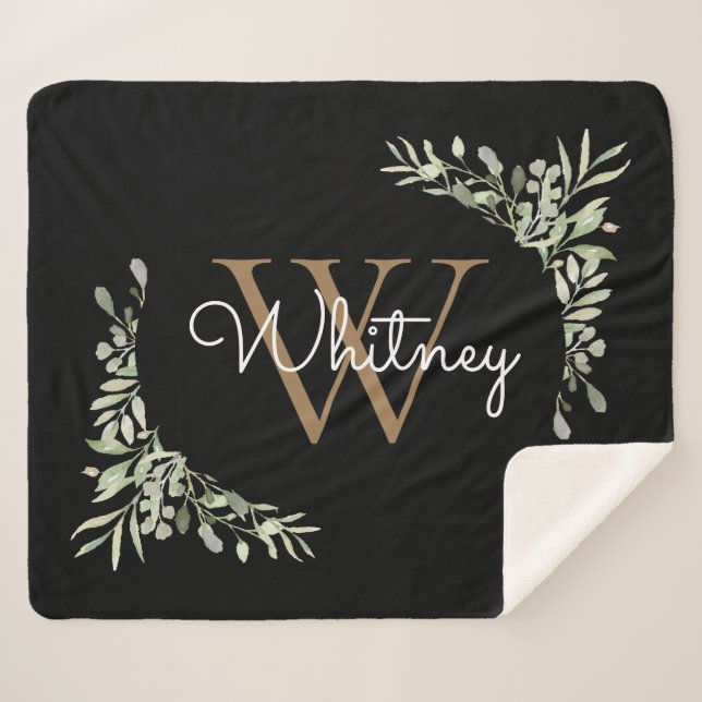 Elegant Script Black Gold Monogram Greenery Sherpa Blanket (Front (Horizontal))