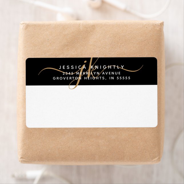Elegant Script Black Gold Monogram Initials Label (Insitu)