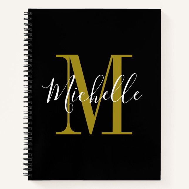 Elegant Script Black Gold Monogram Name Notebook (Front)