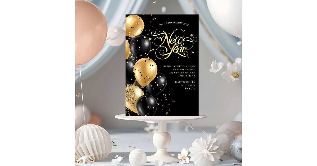 Elegant Script Black Gold New Years Eve Invitation | Zazzle