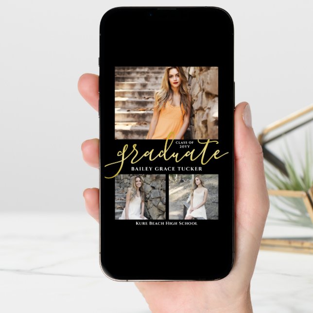 Elegant Script Black Gold Photo Collage Graduation Announcement (Front Digital)