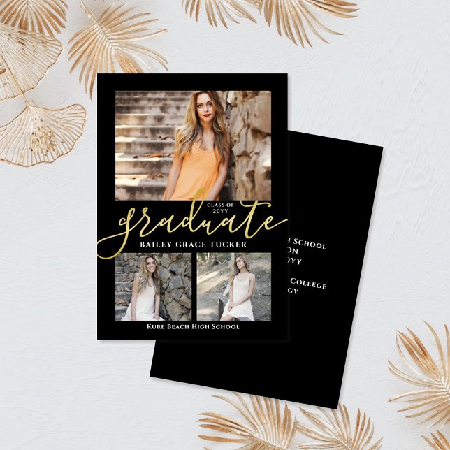 Elegant Script Black Gold Photo Collage Graduation Announcement (Creator Uploaded)