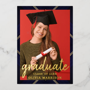 Elegant Script Black Gold Photo Collage Graduation Foil Invitation