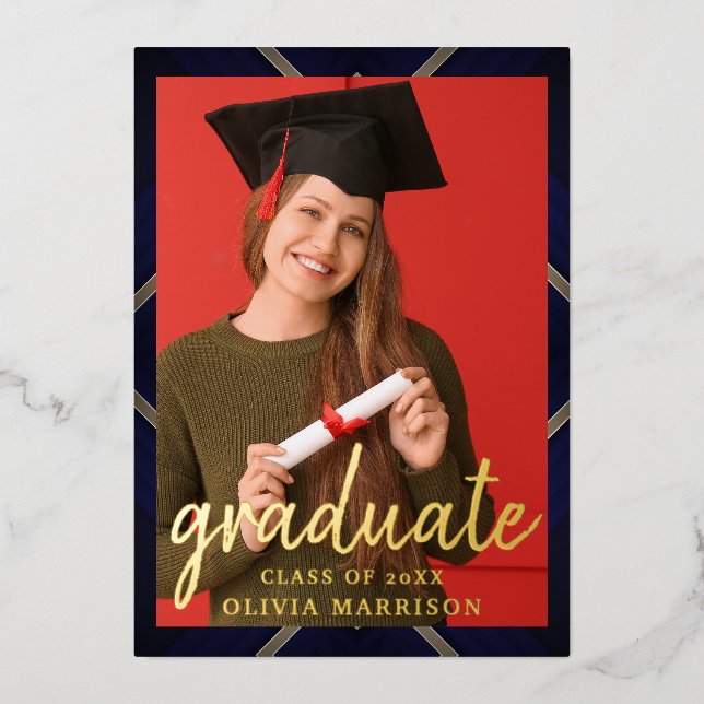 Elegant Script Black Gold Photo Collage Graduation Foil Invitation (Front)