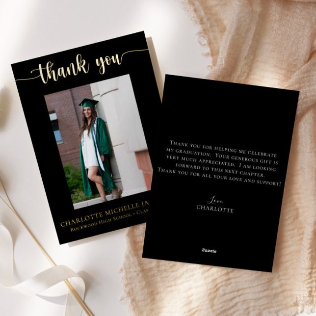 Elegant Script Black Gold Photo Graduation Foil Invitation (Creator Uploaded)
