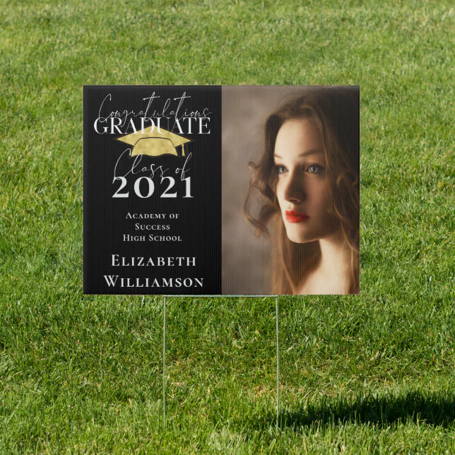 Elegant Script Black Gold Photo Graduation Sign | Zazzle