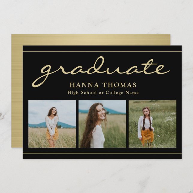 Elegant Script Black Gold Three Photo Graduation  Invitation (Front/Back)