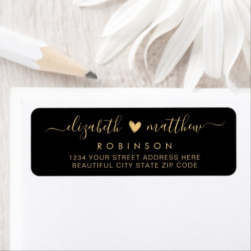 Elegant Script Black Gold Wedding Return Address Label