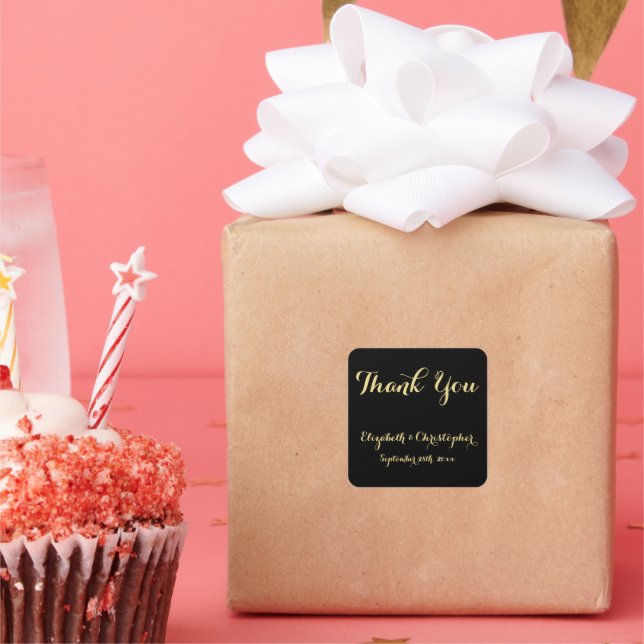 Elegant Script Black Gold Wedding Thank You Favors Square Sticker (Party)