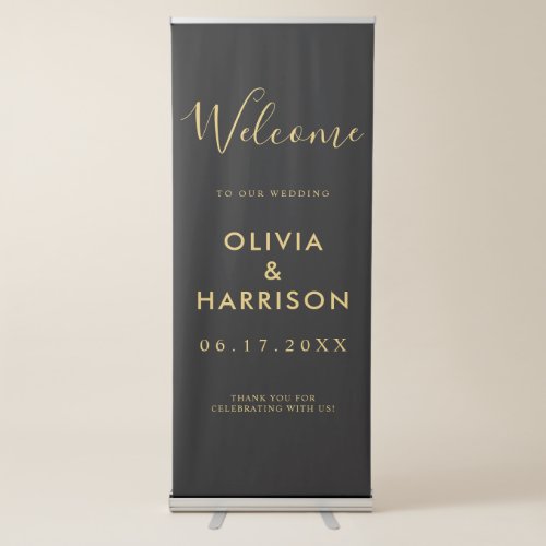 Elegant Script Black Gold Wedding Welcome Retractable Banner