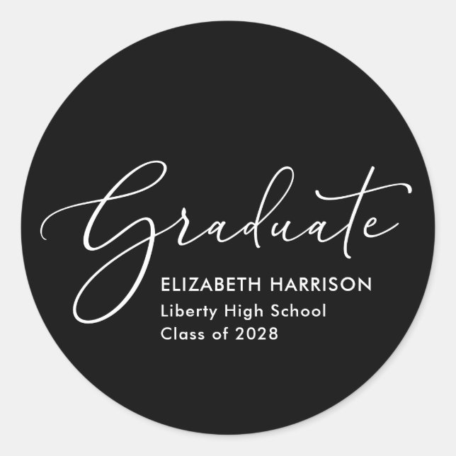 Elegant Script Black Graduation Classic Round Sticker (Front)
