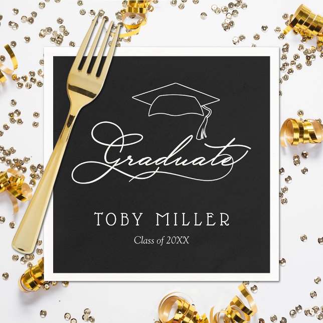 Elegant Script Black Graduation Napkins (White script grad cap on black personalized graduation party napkins, paper plates in our store)