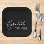 Elegant Script Black Graduation Party Paper Plates<br><div class="desc">Elegant black graduation party paper plates with "Graduate" in a chic modern white script and the grad's name,  school and class year in simple white typography.</div>