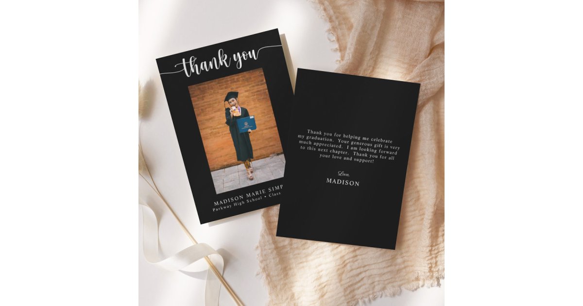 Elegant Script Black Graduation Photo Thank You Note Card | Zazzle