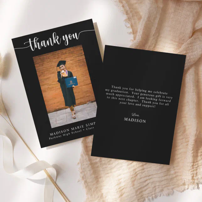 Elegant Script Black Graduation Photo Thank You Note Card | Zazzle