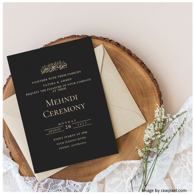 Elegant Script Black Henna Muslim Mehndi Ceremony Invitation (Creator Uploaded)