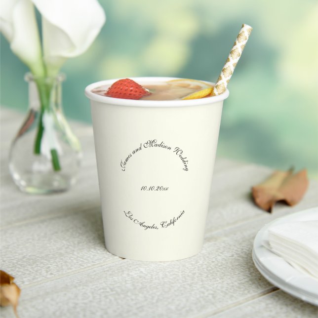 Elegant script black ivory curved names wedding paper cups (Insitu)