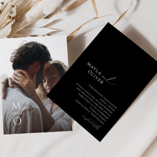 Elegant Script Black Monogram Photo Wedding Invitation