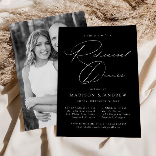 Elegant Script Black Photo Rehearsal Dinner Invitation