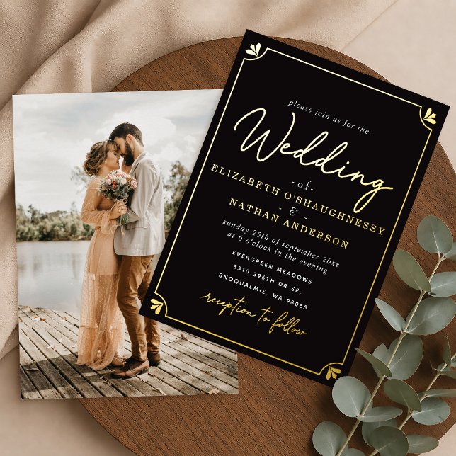 Elegant Script Black Photo Wedding Foil Invitation (Creator Uploaded)