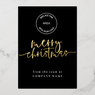 Elegant Script Black QR code Logo Merry Christmas Foil Holiday Card