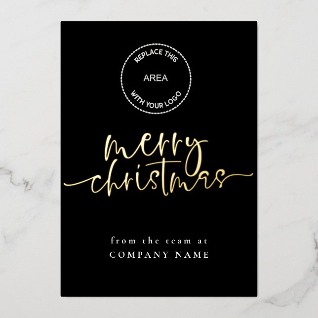 Elegant Script Black QR code Logo Merry Christmas Foil Holiday Card (Front)
