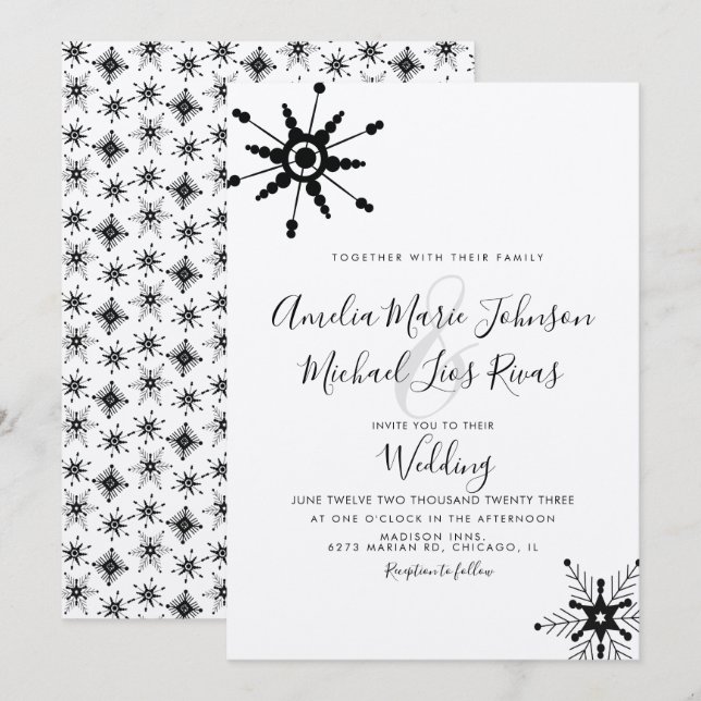 Elegant Script Black Snowflakes Christmas Wedding  Invitation (Front/Back)